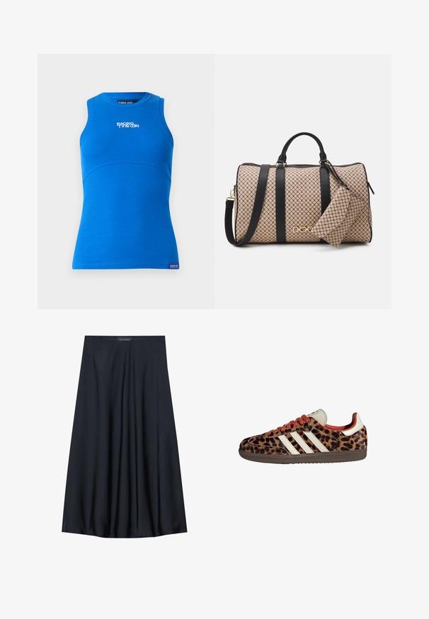 Zila bez piedurknēm blūze, kas izgatavota no ribota auduma. Iespējamā apaļa dekoltē un horizontāls logo "RACING RED BULL" uz priekša.; Bez piedurknēm dzeltena blūze ar teksturētu apdari un saplacinātu sānu detaļu. Mīksts audums un brīvs piegriezums, ar taisnu apakšmalu.; Melna, uz ceļa garuma svārku izgatavota no viegla auduma ar plūstošu dizainu. Ir gluda tekstūra un smalkas krokas papildu detaļām.; Leparda raksta čības ar zamša materiālu, sarkaniem šņorēm un trim baltām svītrām sānos. Iezīmē krēmkrāsas mēlīti un brūnu zoli.; Dafels soma ar beigu rakstu ārējo virsmu, melnām ādas siksnām, zelta piederumiem un mazu atbilstošu maisiņu. Strukturēts dizains.; Zelta tonis taisnstūra rokas pulkstenis ar balto ciparnīcu, sudraba tonis stundu rādītājiem un izturīgu metāla saiti. Iekļauta ūdens izturība.