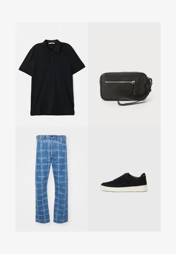 Polo preto feito de algodão, com colarinho clássico, aba de três botões, mangas curtas e um detalhe de logotipo discreto na frente.; Jeans de ganga azul com corte reto, apresentando um padrão repetido de texto "Vivienne Westwood" em branco. Design clássico de cinco bolsos.; Sapatilhas de camurça pretas com design de atacadores e sola de borracha branca em contraste. Apresenta painéis laterais texturizados e uma marcação discreta no calcanhar.; Clutch preta em pele com superfície texturizada, bolso frontal com fecho e strap de pulso destacável. Apresenta um logotipo na parte frontal. Forma retangular.