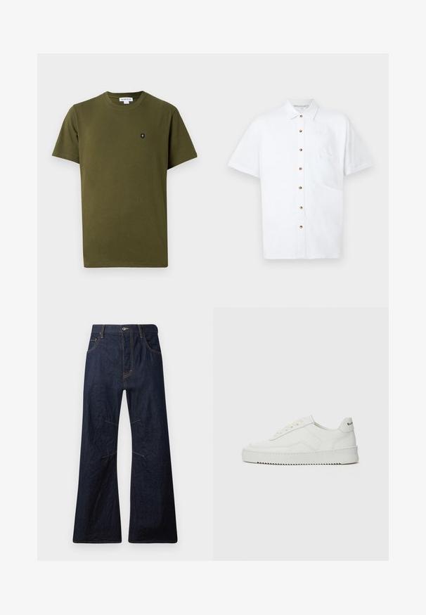 Olive green cotton t-shirt with a crew neck and short sleeves. Features a small black emblem on the left chest area. Plain texture.; White short-sleeve shirt made of linen, featuring a button-front closure, a chest pocket, and wooden buttons for accents.; Dark blue denim flared jeans with yellow stitching, five pockets, and a zipper fly. Features horizontal seams above the knees.; White leather sneaker with a smooth finish, round toe, flat laces, and a textured sole. Features a subtle logo on the heel.
