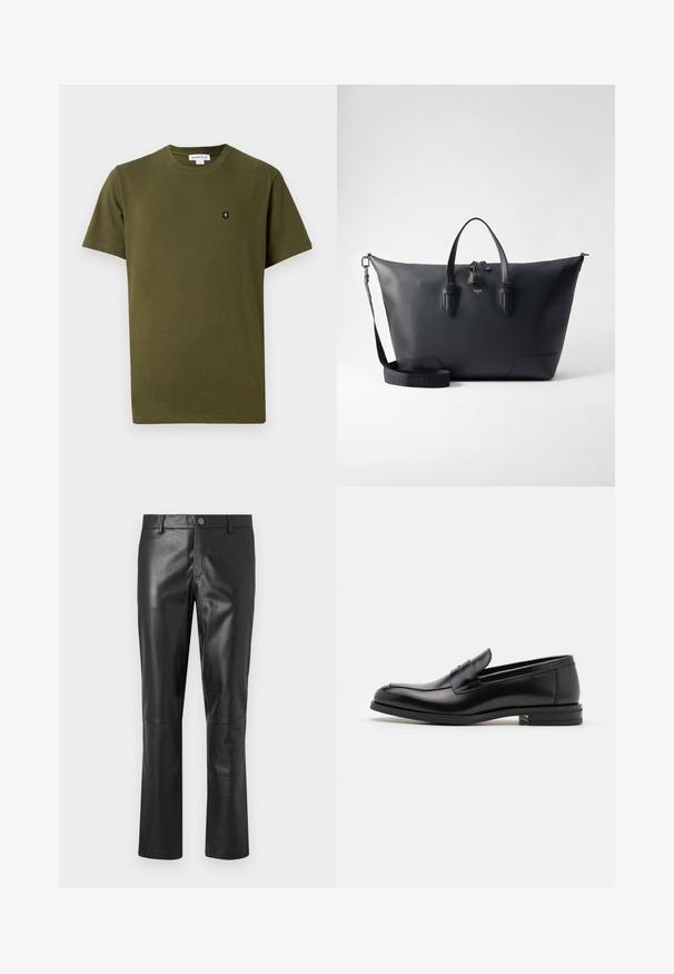 Olive green cotton t-shirt with a crew neck and short sleeves. Features a small black emblem on the left chest area. Plain texture.; Black leather pants with a smooth texture, straight-leg design, and subtle stitching along the seams. Features a button closure at the waist.; Black leather loafers with a smooth texture, rounded toe, and a decorative strap across the vamp. Low stacked heel, minimalist design.; Lancel CHARLIE UNISEX - Briefcase - black