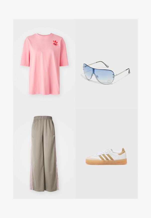 Rozā kokvilnas T-krekls ar īsām piedurknēm, apaļu kakla izgriezumu un ziedu izšuvumu kreisajā krūtī. Mīksta tekstūra, brīva piegriezuma.; Gai olivu zaļas plata kāju bikses ar vertikālām svītrām, elastīgu jostasvietu un rozā sānu svītrām. Iekļauts mazs logo uz gurniem.; Baltie sporta apavi ar beigžu akcentiem, ar trim svītrām, noapaļota purngala daļa un caurspīdīga gumijas zole. Gluda ādas un tekstila materiālu kombinācija.; Pilotstila saulesbrilles ar gradienta zilām lēcām, sudraba metāla rāmjiem un dekoratīvām zvaigžņu akcentiem uz lēcām. Gluda un eleganta dizaina.