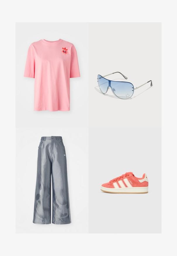 Rozā kokvilnas T-krekls ar īsām piedurknēm, apaļu kakla izgriezumu un ziedu izšuvumu kreisajā krūtī. Mīksta tekstūra, brīva piegriezuma.; Platas kājas bikses no spīdīga pelēka materiāla, ar baltām sānu svītrām un liesmu rakstu apakšējā kāju daļā. Pogas un rāvējslēdzēja aizdare jostasvietā.; Rozā zamšādas kedas ar krēmkrāsas svītrām, apaļām šņorēm un teksturētu mēli. Iekļauj gumijas zoli un logotipu uz papēža.; Pilotstila saulesbrilles ar gradienta zilām lēcām, sudraba metāla rāmjiem un dekoratīvām zvaigžņu akcentiem uz lēcām. Gluda un eleganta dizaina.