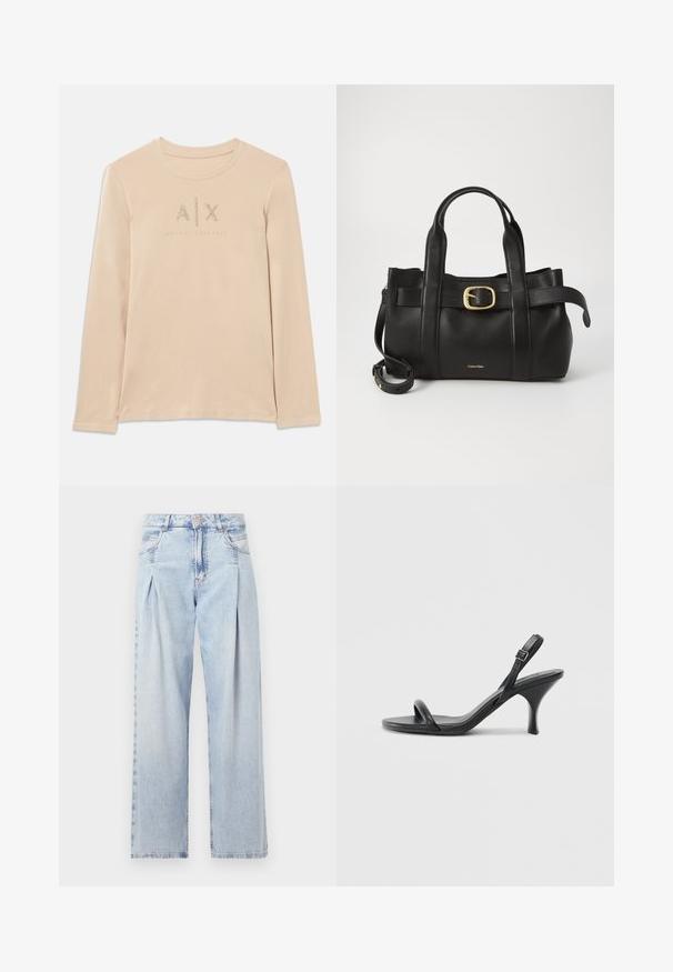 Langermet, lys beige skjorte laget av glatt stoff, med A|X-logo utsmykket med klare rhinestones og rund krage.; Lyseblå denimjeans med høy livlinje, vide ben, to sidelommer og plisserte detaljer. Myk tekstur med en falmet finish.; Sorte skinnhøye hæler med en slank, buet hæl og et kryssrem-design. Justerbar ankelrem. Glatt tekstur.; Svart lærveske med en strukturert design, doble topphåndtak, gullfarget spenneakent og preget merke-logo foran.