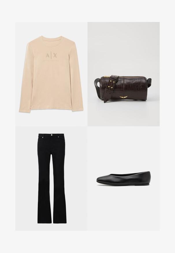 Long-sleeve, light beige shirt made of smooth fabric, featuring A|X logo embellished with clear rhinestones and round collar design.; Black flared jeans made of denim, featuring two front pockets, a button closure, and a smooth texture. Signature stitching visible at seams.; Paul Smith TOPANGA - Ballet pumps - black; Brown crocodile-embossed leather bag with a cylindrical shape, gold-tone hardware, and a detachable strap featuring studs.