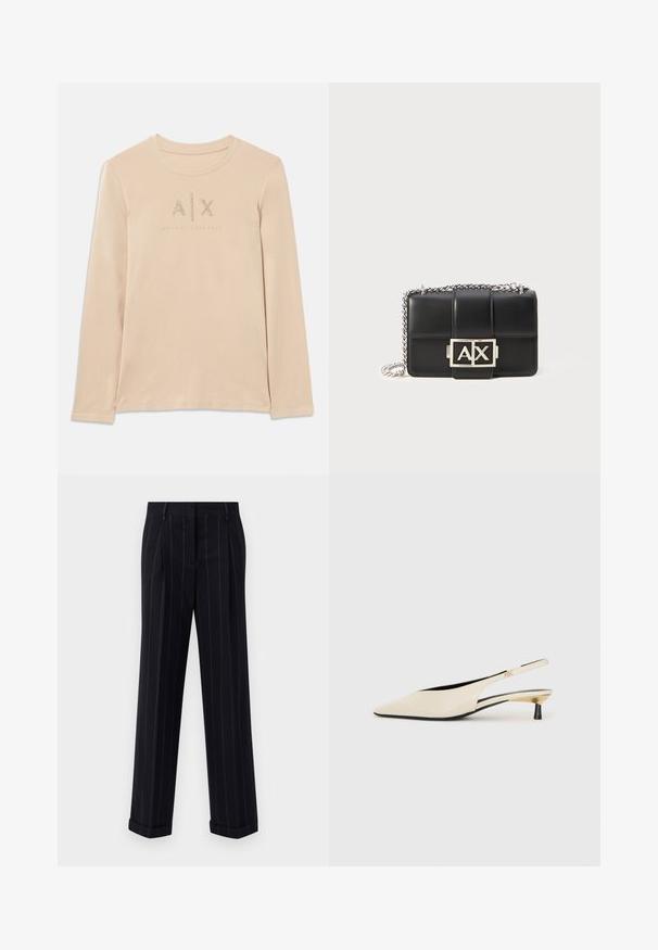 Gaišs pelēkā krāsā garām piedurknēm krekls, izgatavots no gludas auduma, ar A|X logotipu, kas rotāts ar caurspīdīgām rhinestones un apaļu apkakles dizainu.; Melnas pinstrīpu bikses ar pielāgotu piegriezumu, ar apgāztu apakšmalu un priekšējām kroku detaļām. Izgatavotas no gludas auduma ar struktūrētu dizainu.; Beidzamā gaiši brūnā lakotas ādas slingback apavi ar smailu purngalu, šauru melnu papēdi un metāliski zelta akcentiem sānos.; Melnas ādas rokassomu ar quiltēta dizaina, sudraba ķēdes siksnu un izteiksmīgu sudraba "AX" logotipu priekšpusē. Kompaktā taisnstūra forma.