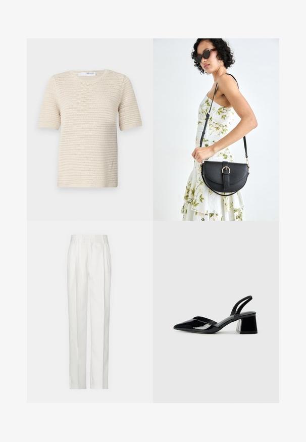 Strik bluse med korte ærmer i off-white, prydet med et struktureret mønster, rund halsudskæring og ribbede ærmer for ekstra struktur.; Hvide stikstribede bukser med et lige ben-design, lavet af et let stof. Har foldninger foran og et traditionelt liv.; Sorte patentlæder slingback hæle med spids tå og en geometrisk blok hæl. Har et elegant, minimalistisk design og en glat tekstur.; Sort læderhåndtaske med en buet form, aftagelig rem og guldfinish. Tasken har en klap med en spænde detalje.