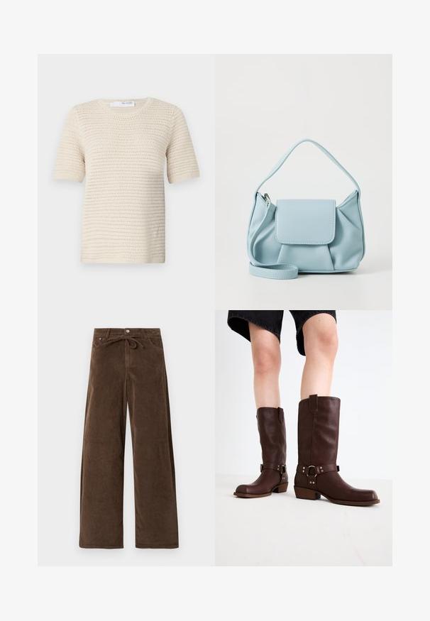 Kootud lühikeste varrukatega sviiter koor-valges, millel on tekstuurne muster, ümar kaelus ja soonikkoes mansetid, mis annavad struktuuri.; Pruunid laiad corduroy püksid, millel on ees nupp ja seotud kangast vöö, sisaldavad ees taskuid.; Pruunid nahast põlvekõrgused saapad, millel on ümar varvas, tekstuuriga pind, pahkluu rihm ja hõbedane detail; klambriga konts.; Heledad sinine nahkrahakott ülemise käepidemega, esiküljel klapiga tasku ja eemaldatav randmepael valgel taustal.