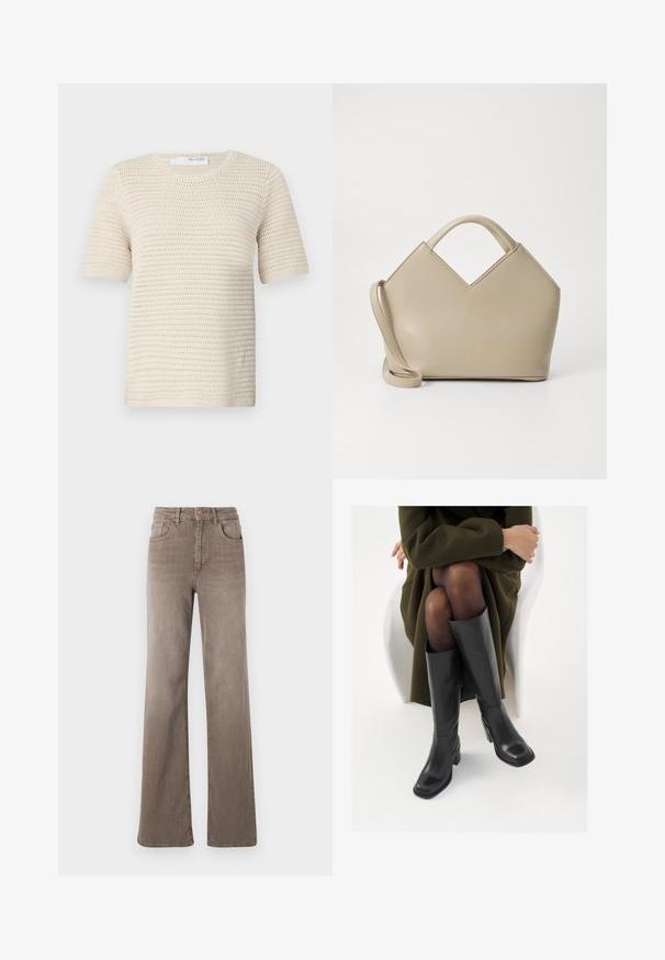 Pletený svetr s krátkým rukávem v off-white, který má texturovaný vzor, kulatý výstřih a žebrované manžety pro strukturu.; Hnědé džínsy s vysokým pasem, rovné nohy, předním knoflíkem, poutky na opasek a klasickým designem pěti kapes na bílém pozadí.; Černé kožené boty po kolena s hranatou špičkou a blokovým podpatkem, předvedené na modelce sedící v olivově zeleném kabátu. Hladký povrch, minimalizované detaily.; Béžová strukturovaná kabelka s V-tvarovaným vrchem, hladkou koženou strukturou, krátkými rukojetmi a dlouhým nastavitelným popruhem. Minimalistický design.