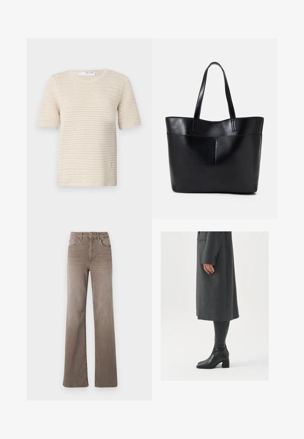 Gehaakte trui met korte mouwen in off-white, voorzien van een gestructureerd patroon met een ronde halslijn en ribgebreide manchetten voor extra stevigheid.; Bruine hoge taille straight-leg jeans met een knoop aan de voorkant, riemlussen en een klassieke vijf-pocket design op een witte achtergrond.; Grijze, op maat gemaakte overjas met een rechte snit; gecombineerd met kniehoge zwarte leren laarzen met een vierkante neus en chunkyerand.; Zwarte leren tote bag met twee lange handvatten, een zachte textuur en een gestructureerde vorm. Voorzien van een voorvak voor extra opslagruimte.