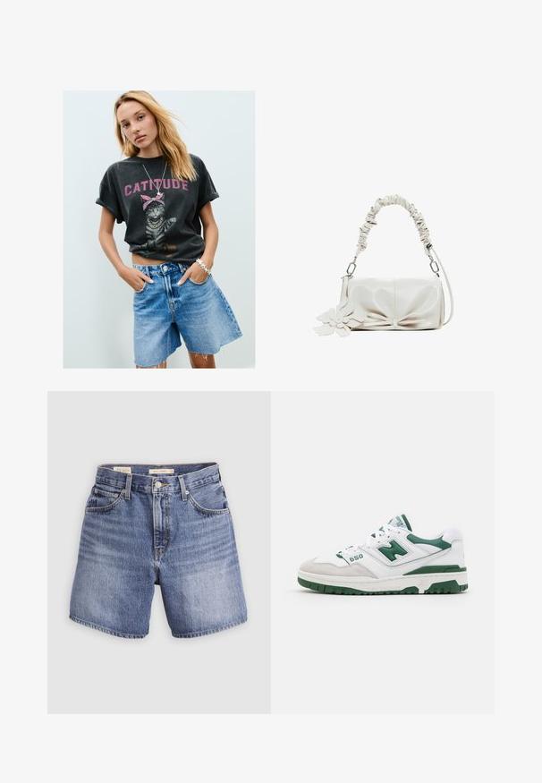 Schwarzes Grafik-T-Shirt mit einer Katze, die ein pinkes Bandana trägt, und dem Text "CATTITUDE", kombiniert mit hellblauen Jeansshorts und einem silbernen Sternarmband.; Denim-Shorts in hellblauer Waschung, mit hoher Taille, fünf Taschen, Reißverschluss und Knopfverschluss. Einfacher, klassischer Schnitt mit geraden Beinen.; Weißer Sportschuh mit grünen Akzenten, strukturiertem Leder und Wildleder, durchbrochenen Details, gepolstertem Kragen und Gummisohle. Modellnummer 550.; Weißes Leder-Handtasche mit einem gerafften Griff, Schleifendetail auf der Vorderseite und einer floralen Akzentuierung. Glatte Oberfläche und rechteckige Form.