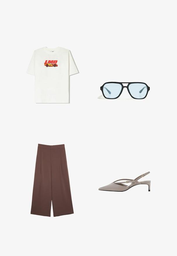 Bela bomba majica iz bombaža z grafiko rdečega in rumenega avtomobila ter tekstom "LMQ 95". Kratki rokavi, sproščen kroj, okrogla izrezana vrata.; Rjave široke hlače z gladko teksturo, ki imajo visok pas in sprednje naborke. Tkanina je lahka in prosto pada.; Bež sandale na visoki peto s izostrenim nosom, tankimi križnimi naramnicami in kratkim stiletto peto. Gladek material z zasebnimi zlatimi detajli.; Črne sončna očala s pravokotnimi okvirji, modro obarvanimi lečami in značilno zasnovo mostička. Eleganten zaključek, diskretna tekstura.