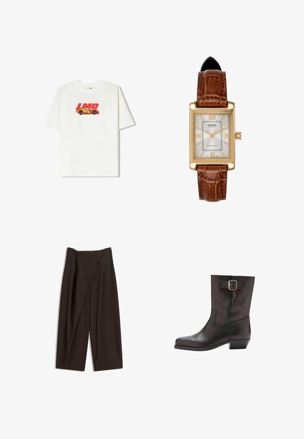 Tricou alb din bumbac, cu un grafism al unei mașini roșii și galbene, având textul "LMQ 95". Mâneci scurte, croială lejeră, decolteu rotund.; Pantaloni largi de culoare maron închis, cu talie înaltă, având închiere cu un singur nasture și un față pliată. Confectionați dintr-un material ușor.; Botină neagră din piele, cu vârf rotund, toc mic pătrat, panou elastic lateral și un detaliu din aur pe brățara de la glezna.; Ceas quartz Casio cu carcasă rectangulară de culoare aurie, față albă, marcaje aurii pentru ore și curea din piele maro cu model de crocodil. Rezistent la apă.