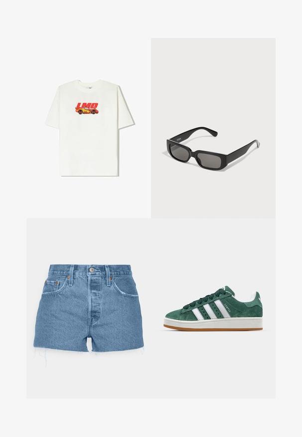 Biela bavlnená tričko so grafickým motívom červeného a žltého auta a textom "LMQ 95". Krátke rukávy, voľný strih, okrúhly výstrih.; Levi's® 501® ORIGINAL - Denimové šortky - ojai light stone; Zelené semišové tenisky s bielymi koženými pruhmi, gumovou podrážkou, polstrovaným golierom a minimalistickým dizajnom. Obsahujú branding na boku.; Čierne obdĺžnikové slnečné okuliare so šedými sklami, vyrobené z hladkého plastu. Majú minimalistický dizajn s rovnými ramenami a decentným brandingom.; Zlaté digitálne hodinky s obdĺžnikovým ciferníkom, LCD displejom, nerezovým pásikom a tlačidlami na boku. Obsahujú označenie vodeodolnosti.