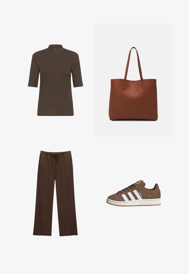 Ruskea ribbettipaita, jossa on korkea kaulus ja lyhyet hihat. Paidassa on sileä pinta ja tiukka malli.; Ruske leve široke hlače izdelane iz mehkega materiala, z elastičnim pasom in vrvico ter dvema stranskima žepoma.; Valkoiset nahkareunat ja ruskeat samettikankaiset tennarit, joissa on kumipohja, pyöreä kärki ja nauhakiinnitys edessä. Kengissä on logo kielekkeessä ja rei'itettyjä yksityiskohtia.; Ruskea nahkainen olkalaukku, jossa on sileä pinta, avoin yläosa ja kaksi olkahihnaa. Omaavat vain minimaalisen ompelun eikä näkyvää metalliosaa.