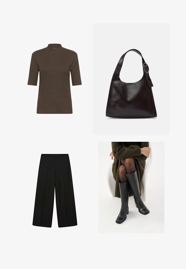 Brown ribbed t-shirt with a mock neck and short sleeves, featuring a smooth texture and a fitted shape.; Black wide-leg trousers made of soft fabric, featuring a high waist and pleats, with a smooth texture and no visible embellishments.; Knee-high black leather boots with a squared toe and block heel, shown with a model seated in an olive green coat. Smooth texture, minimal detailing.; Brown leather shoulder bag with a smooth texture, rounded shape, wide strap, and circular metallic accent on the handle.