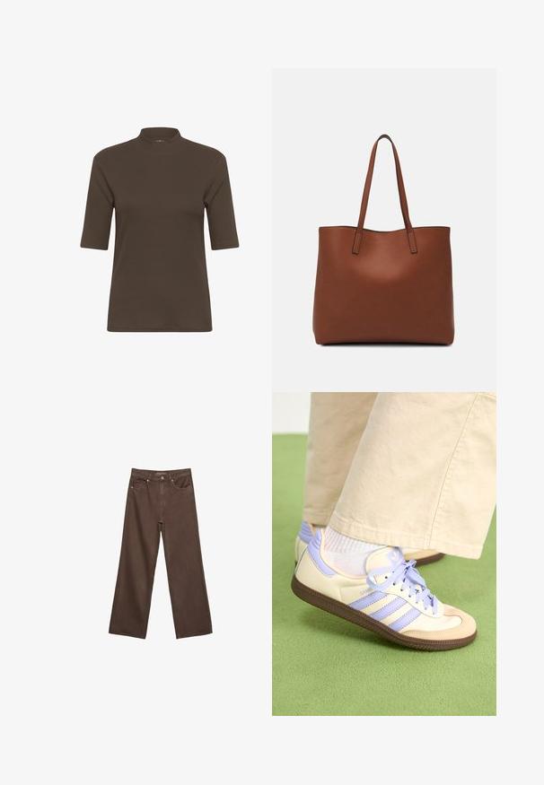 T-shirt marrone a costine con colletto alto e maniche corte, caratterizzato da una texture liscia e una forma aderente.; Jeans a gamba larga marroni in denim, con vita alta, tasche anteriori e chiusura a bottone classica. Tessuto liscio con cuciture sottili.; Sneakers crema e lavanda con tre strisce e suola marrone texturizzata, dotati di lacci e tallone imbottito. Parte superiore in tessuto morbido.; Borsa tote in pelle marrone con texture liscia, design con apertura superiore e due spallacci. Presenta cuciture minime e nessun hardware visibile.