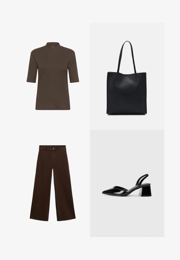 Hnedé rebrované tričko s polovičným golierom a krátkymi rukávmi, s hladkou textúrou a priliehavým strihom.; Hnedé široké nohavice z bavlnenej zmesi, s roztrhnutým lemom, predným zapínaním na gombík a klasickým dizajnom s piatimi vreckami. Minimalistické a všestranné.; Čierne lakované kožené sandálové podpätky s špicatou špičkou a geometrickým blokovým podpätkom. Disponujú elegantným, minimalistickým dizajnom a hladkým povrchom.; Čierna kožená taška na rameno s hladkým povrchom, obdĺžnikovým tvarom a dvoma dlhými uchami. Bez viditeľného kovania alebo ozdôb.