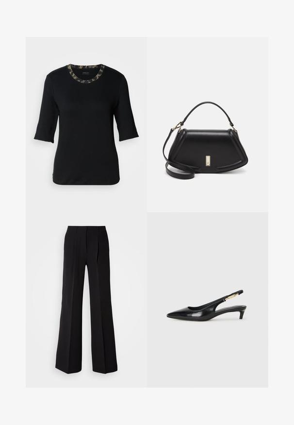 Schwarzes T-Shirt mit kurzen Ärmeln und rundem Ausschnitt, mit einem kragen im Camouflage-Muster. Hergestellt aus weichem, dehnbarem Stoff mit glatter Textur.; Schwarze Hose aus glattem Stoff, mit hohem Bund, weitem Schnitt und zwei vorderen Falten für zusätzlichen Designakzent.; Schwarze Leder-Slingback-Pumps mit spitzem Schuhblatt, ausgestattet mit einem schlanken Absatz und einem goldfarbigen Akzent am verstellbaren Riemen. Glatte Textur.; Schwarze Lederhandtasche mit einem strukturierten Design, das eine verkürzte Form, einen oberen Griff und goldfarbene Hardware-Details aufweist. Verstellbarer Schulterriemen ist enthalten.