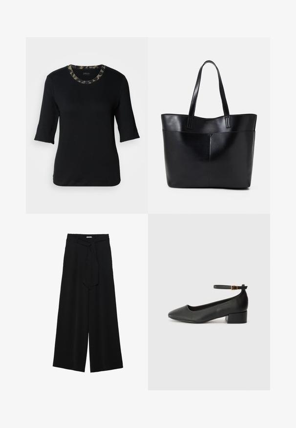 Black short-sleeve t-shirt with a round neckline, featuring a camo-patterned collar. Made of soft, stretchable fabric with a smooth texture.; Black wide-leg pants featuring a textured fabric, an elastic waistband, and a detachable sash tie at the waist for adjustable fit.; Black leather pump with a pointed toe and a low block heel. Features an ankle strap with a gold-tone buckle. Smooth texture.; Black leather tote bag with two long handles, a smooth texture, and a structured shape. Features a front pocket for additional storage.