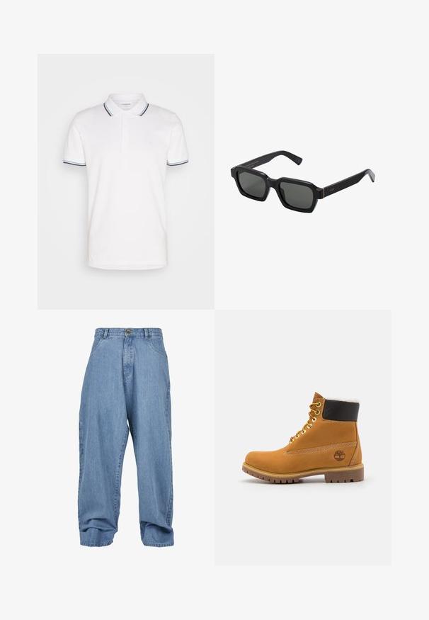 Lindbergh CONTRAST PIPING - Polokošeľa - white; Svetlomodré džínsové nohavice s voľným strihom, zapínaním na gombík, prednými vreckami a manžetou, so klasickým päťvreckovým dizajnom.; Hnedé kožené ankle boot s kovovými očkami, bielym kožúškom vo vnútri, čiernym vypolstrovaným golierom, robustnou podrážkou a vyrazeným logom na boku.; Čierne, štvorcové slnečné okuliare so sivými sklami. Hrubé plastové rámy majú zlaté akcenty a branding na spánku. Hladký povrch.