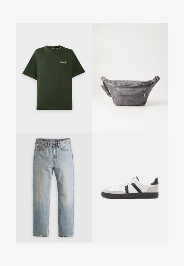 Groene katoenen T-shirt met korte mouwen, losse pasvorm. Heeft een klein geborduurd logo in lichtroze op de linkerborst.; Lichtblauwe denim jeans met hoge taille, frontknop, rits en vijfzakkenontwerp, plat gelegd op een neutrale achtergrond.; Witte sneaker met zwarte en grijze accenten, voorzien van een grijze neus met textuur, zwarte rubberen zool en platte witte veters. Schoon ontwerp, minimalistische stijl.; Grijze suède heuptas met een ronde vorm, twee met rits afgesloten compartimenten en een verstelbare band. Voorzien van metalen accenten.