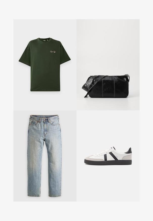 T-shirt en coton vert à manches courtes, coupe décontractée. Présente un petit logo brodé en rose clair sur le côté gauche de la poitrine.; Jean en denim bleu clair à taille haute, avec bouton avant, fermeture éclair et design à cinq poches, posé à plat sur un fond neutre.; Baskets blanches avec des accents noirs et gris, présentant un embout texturé gris, une semelle en caoutchouc noir et des lacets plats blancs. Design épuré, style minimaliste.; Sac à épaule en cuir noir avec une fermeture éclair, doté d'un corps texturé, de coutures blanches et d'une sangle avec des œillets en argent.