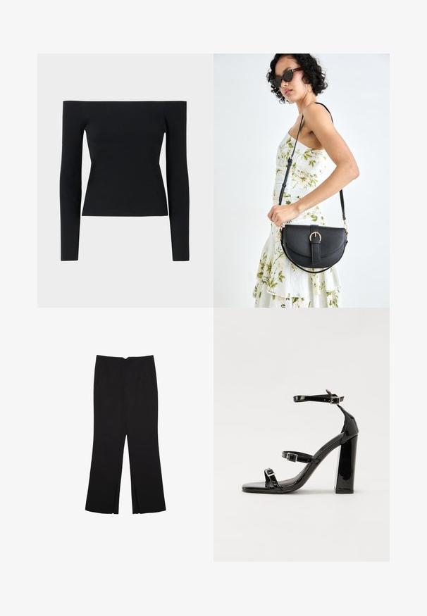 Čierny top bez ramienok s dlhým rukávom vyrobený z ryhovaného materiálu, so priliehavou siluetou a minimalisticým dizajnom.; Čierne nohavice so strihom rovného strihu, s prednými vreckami a bočnými rozparkami na leme. Vyrobené z mäkkej, hladkej tkaniny. Vhodné na rôzne príležitosti.; Čierne lakované sandále na podpätku so štvorcovou špičkou, navlečenými remienkami okolo členku a striebornými prackami. Disponujú masívnym blokovým podpätkom pre stabilitu.; Čierna kožená kabelka s zaobleným tvarom, odnímateľným popruhom a zlatými doplnkami. Kabelka má klopu s detailom s prackou.