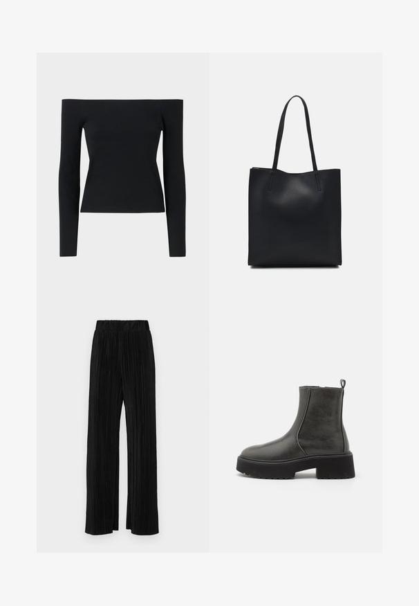 Melna blūze ar atbrīvotu plecu, ar garām piedurknēm, izgatavota no ribotās auduma, ar piegulošu siluetu un minimālistisku dizainu.; Melni plīšu bikses ar elastīgu jostu. Tām ir platākas kājas un gluda, teksturēta auduma ar vertikālām svītrām.; Melnas potītes zābaki ar gludu sintētisku virsu, elastīgiem sānu paneļiem, cilpu un masīvu gumijas zoli.; Melnas ādas somiņa ar gludu tekstūru, taisnstūra formu un divām garām rokturiem. Nav redzamu aparatūras vai rotājumu.