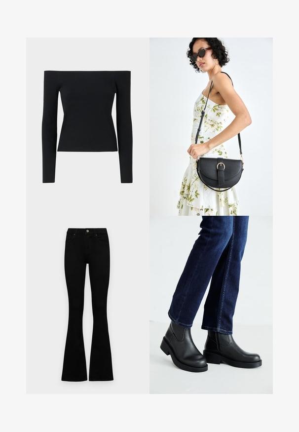 Melna blūze ar atbrīvotu plecu, ar garām piedurknēm, izgatavota no ribotās auduma, ar piegulošu siluetu un minimālistisku dizainu.; Melni augsta jostas šorti ar pogu un rāvējslēdzēju, priekšējām kabatām un izplestām kājām, nolikti uz balta fona.; Melnas ādas potīšu zābaki ar masīvu zoli un sānu elastīgām daļām, kombinēti ar tumši ziliem džinsiem. Zeme ir gaišā krāsā.; Melnas ādas rokassoma ar izliekta formu, noņemamu siksnu un zelta aksesuāriem. Somai ir vāciņš ar sprādzes detaļu.