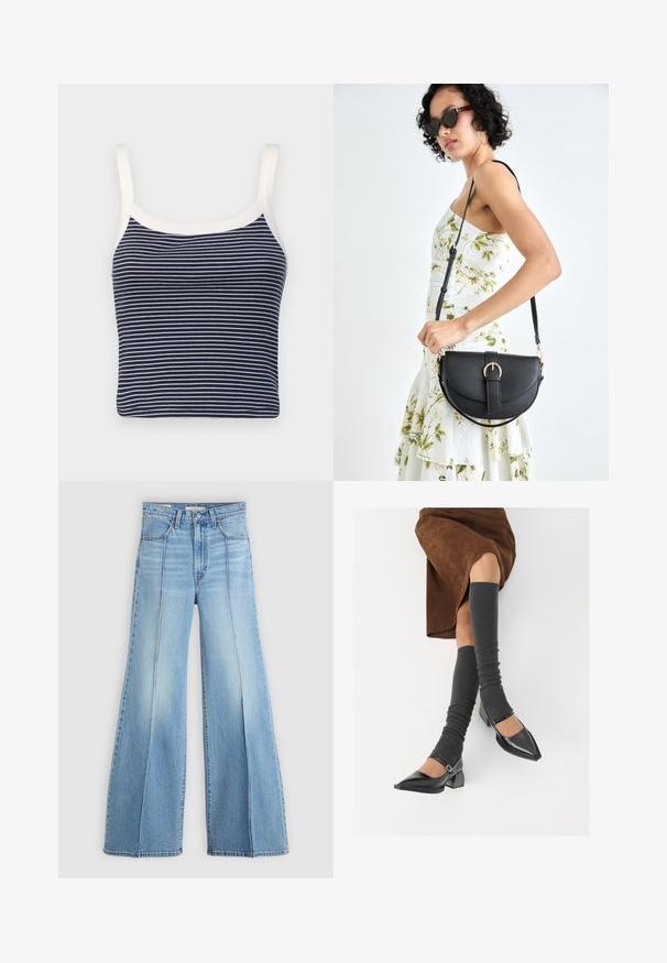 Levi's® Top - icy morn; Jeans de cintura alta em azul claro, com pernas largas, bolsos dianteiros e traseiros, passantes para cinto e detalhes de costura vertical na parte da frente.; Sapatos pretos de pele lacada com biqueira pontuda, salto bloco e tiras no tornozelo, combinados com caneleiras cinzas em malha e uma saia de camurça castanha.; Bolsa de couro preta com forma curva, alça destacável e detalhes em dourado. A bolsa possui uma aba com detalhe de fivela.