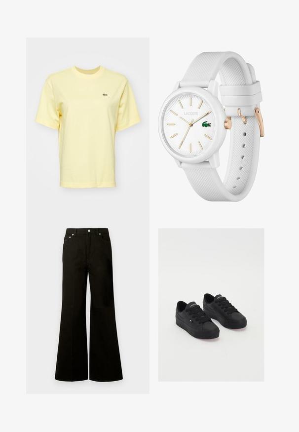 Lys gul bomulds t-shirt med korte ærmer. Har et lille grønt krokodillelogo på venstre bryst. Klassisk crew neck design.; Sorte jeans med høj talje og vide ben, foran med knap og lynlås, bæltestropper og fem lommer inklusive en lille møntlomme.; Sorte lavtop sneakers lavet af glat materiale, med tykke snørebånd, en struktureret sål og et lille logo på siden og tungen.; Hvid silikoneur med et struktureret rem, der har en rund urskive, gulde markeringer og et Lacoste-logo i grønt.