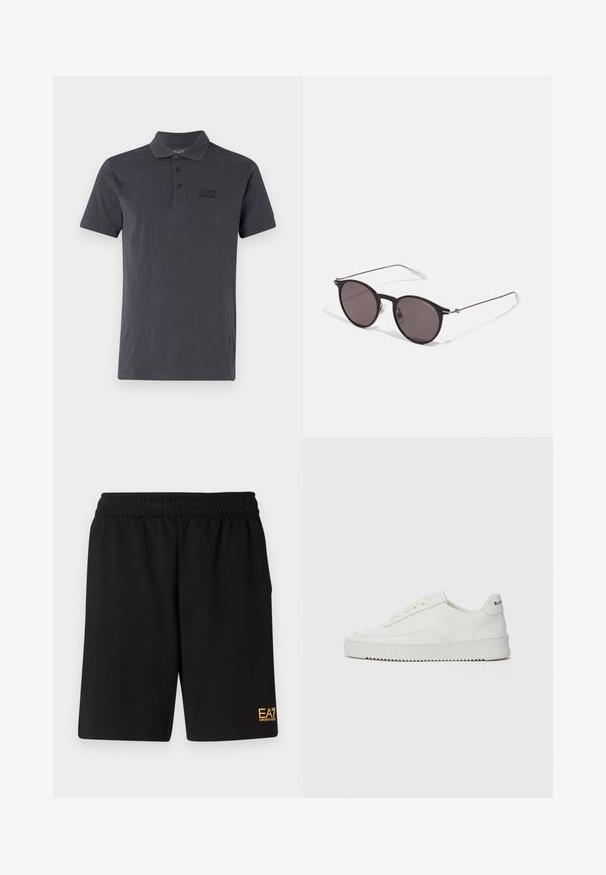 Sötétszürke pólóing, amely pamutból készült. Jellemzője a klasszikus gallér, három gombos nyitás, rövid ujj és tónusos logó a mellrészen.; Fekete sportnadrág puha anyagból, rugalmas derékkal és egy kis sárga EA7 logóval a bal alsó lábszáron.; Fehér bőr sportcipő sima felülettel, kerek orral, lapos fűzőkkel és texturált talppal. Finom logó található a sarokon.; Fekete kerek napszemüveg sötét lencsékkel és karcsú fém szárakkal. Átlátszó szárvégeket és ezüst részleteket tartalmaz az ívnél. Minimalista dizájn.