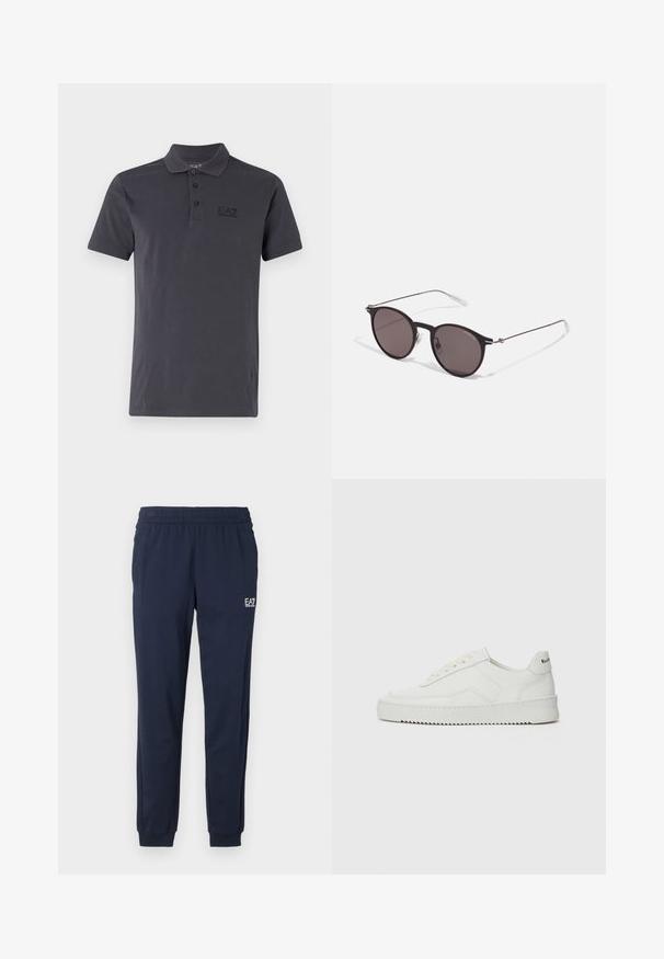 Mörkgrå polo t-shirt i bomull. Har en typisk krage, plagg med tre knappar, korta ärmar och en ton-i-ton logga på bröstet.; Mörkblå mjukisbyxor med elastisk midja och muddar. Har en liten vit logotyp på vänster ben. Tillverkade av ett mjukt, stretchigt material.; Vita lädersneakers med en jämn yta, rund tå, platta snörningar och en strukturerad sula. Har en diskret logotyp på hälen.; Svarta runda solglasögon med mörka linser och smala metallarmar. Inkluderar klara tempeltips och silverdetaljer vid gångjärnet. Minimalistisk design.