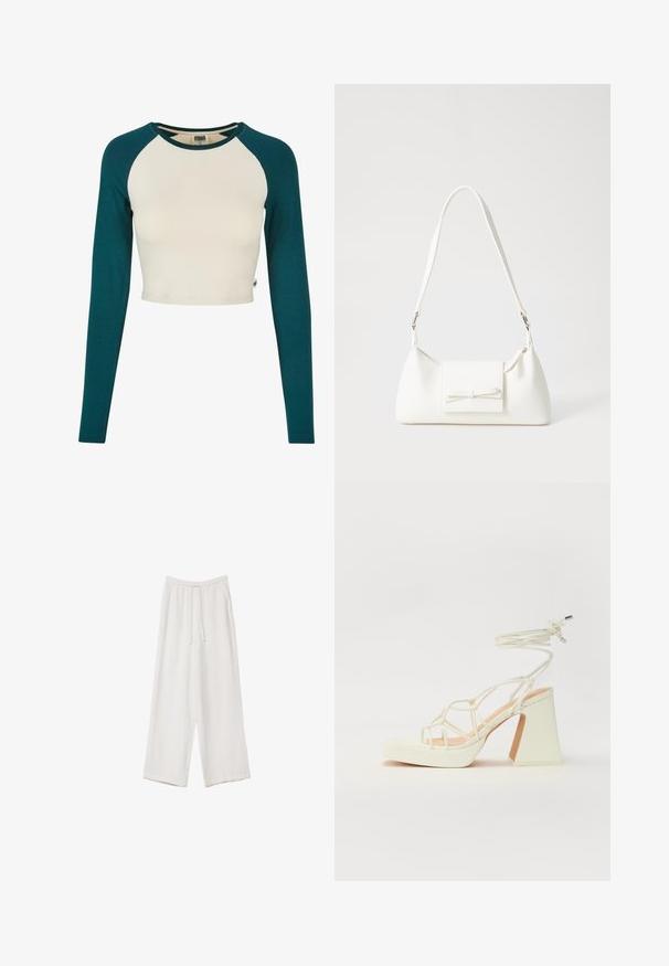 Crop top with long sleeves. Features a cream body and teal sleeves. Made of soft cotton, with a crew neckline and minimal stitching details.; White wide-leg trousers made from a lightweight fabric. Features an elastic waistband with a drawstring and side pockets. Smooth texture.; White high-heeled sandal with a chunky heel, featuring a strappy design and ankle tie. Smooth texture with a platform front for added height.; White synthetic handbag with a triangular shape, flat front flap and bow detail, adjustable strap, smooth texture, and minimalistic design.