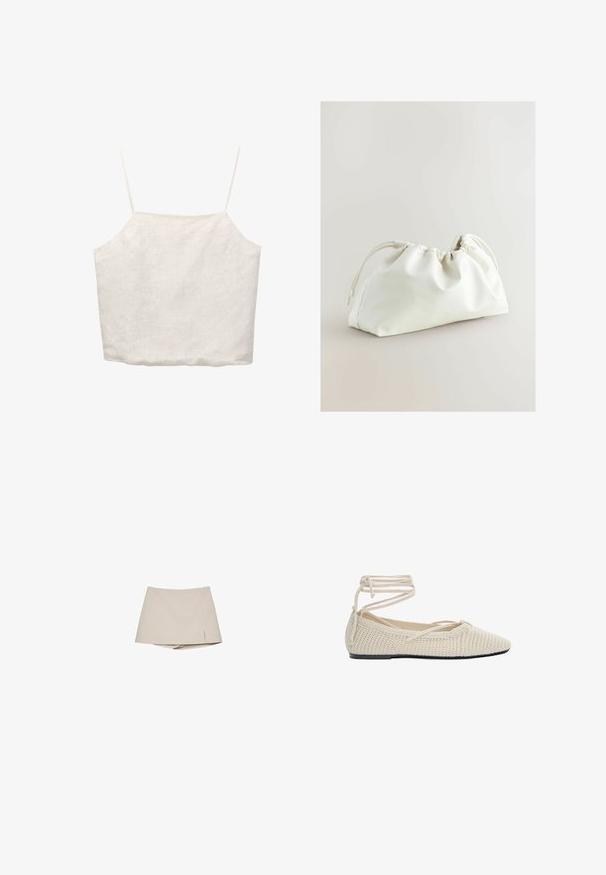 Top corto in lino bianco con spalline sottili regolabili, scollatura quadrata e vestibilità rilassata, caratterizzato da una leggera texture su tutta la superficie.; Gonna corta beige da donna con una leggera fessura anteriore e pantaloni shorts attaccati sotto, presentata su uno sfondo bianco.; Ballet flat beige in tessuto intrecciato, con punta a punta, suola piatta e lacci avvolgenti. La texture è a maglia aperta e presenta un rivestimento interno liscio.; Borsa in faux leather bianca con design arricciato, chiusura con coulisse e superficie liscia. Forma curva con pieghe morbide e hardware minimale.