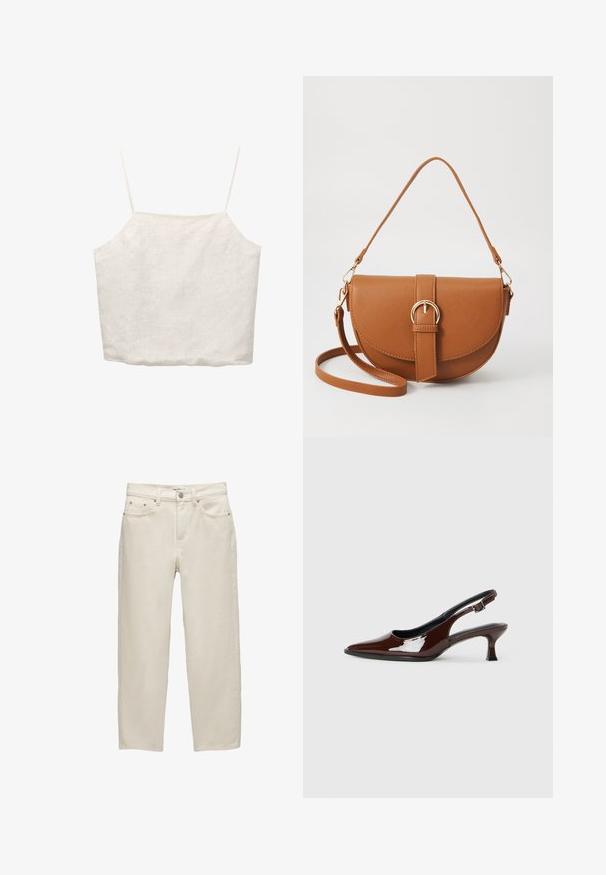 Biała lniana bluzka crop top z cienkimi regulowanymi ramiączkami, kwadratowym dekoltem i luźnym krojem, z delikatną teksturą w całej konstrukcji.; Białe dżinsy o luźnym kroju, z prostymi nogawkami, pięcioma kieszeniami oraz metalowymi dodatkami z delikatną teksturą.; Brązowe lakierowane skórzane buty na obcasie typu slingback z ostrym noskiem i umiarkowanym obcasem. Posiadają pasek z klamrą dla zapewnienia stabilnego dopasowania. Gładka tekstura.; Brązowa skórzana torba na ramię o zaokrąglonym kształcie, ze złotymi akcentami i zapięciem w formie klamry. Posiada odpinany pasek na ramię.