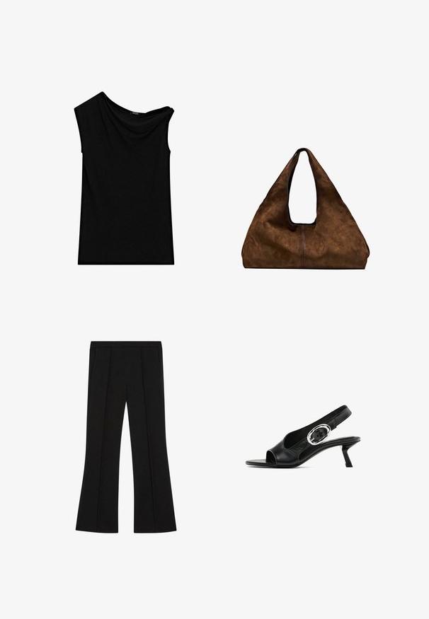 Sort ærmeløs top lavet af blød stof, med en asymmetrisk halsudskæring og draperet detaljer på den ene side. Glat tekstur, skræddersyet pasform.; Sorte skræddersyede bukser med høj talje, forkantplisseringer, sidelommer og en let udskæring ved benene.; Sorte læderslynge sko med åben tå, med et sølvfarvet oval spænde på remmen og en slank kitten hæl. Glat tekstur.; Brun ruskind skuldertaske med åben top. Har en dyb, bred form, udskåret håndtag og minimal syning for et rent design.