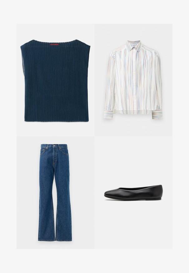 Dark blue, ribbed fabric top with a wide neckline and short sleeves. Straight cut with finished edges. No visible patterns or hardware.; Striped button-up shirt with a white base, featuring narrow multi-colored lines in blue, orange, and green. Long sleeves and a classic collar.; Blue denim flared jeans with a high waist, featuring five pockets, a silver button closure, and visible stitching accents.; Paul Smith TOPANGA - Ballet pumps - black