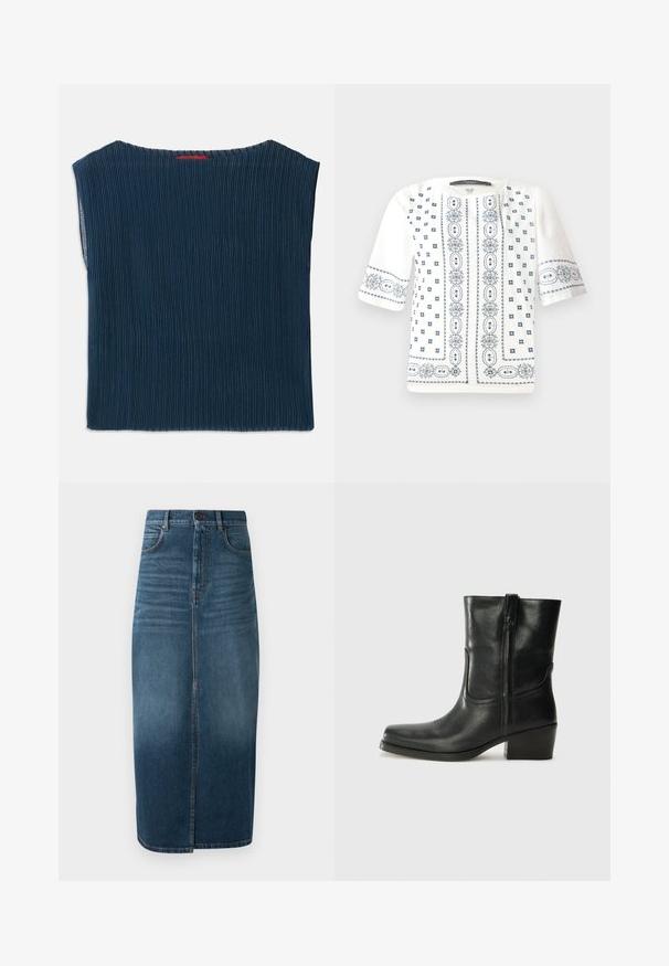 Tamno plava, rebrasta bluzica s širokim izrezom i kratkim rukavima. Ravnog kroja s uređenim rubovima. Bez vidljivih uzoraka ili metalnih detalja.; Bijela kratka majica s kratkim rukavima koja sadrži plavu cvjetnu vez, okrugli izrez i složene uzorke duž prednje strane i rukava.; Traper suknja midi dužine u tamnoplavoj boji, s prednjim prorezom i blagim izbljeđivanjem. Klasičan dizajn s pet džepova i metalnim zatvaranjem.; Crne kožne čizme do članaka s okruglim vrhom, blok potpeticom, bočnim patentnim zatvaračem i detaljima od šavova na gornjem dijelu. Glatka tekstura, klasičan dizajn.