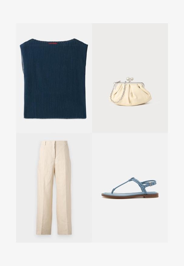 Tmavomodrý pletený top s širokým výstrihom a krátkymi rukávmi. Rovný strih s dokončenými okrajmi. Žiadne viditeľné vzory ani hardvér.; Béžové ľanové nohavice vo voľnom strihu, s plisovaným predným dielom a rovnými nohavicami. Majú pás s pútkami na opasok a bez viditeľných vreciek.; Modré kožené tanga sandále s plochou podrážkou, s úzkym dizajnom popruhu a sponou na členku pre bezpečné prispôsobenie.; Zhlý béžový kožený klobúk so strieborným kovovým rámom, ktorý má dve okrúhle dekoratívne zámky a strieborný reťazový popruh.