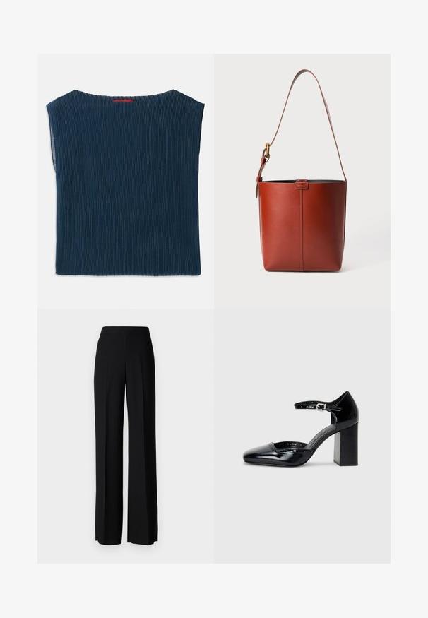 Tumedast sinine ribaga kangas topp, millel on lai kaelus ja lühikesed varrukad. Sirge lõikega, viimeisteeritud äärtega. Pole nähtavaid mustreid ega metallosi.; Mustad laiad püksid mustas värvitoonis, sujuva tekstuuri ja kõrge vöökoha ning keskmiste voldikutega. Ilma nähtavate mustrite või tarvikute detailideta.; Mustad lakknahk kingad kõrge kontsaga, ruudukujulise varbaga, pahkluu rihmaga ja paksu kontsaga. Sisaldab perforatsioonidega detaile ääres.; Pruun nahast ämbri kott reguleeritava õlavööga ja kuldse määrdega, lihtne vertikaalne õmblusdetail ees.