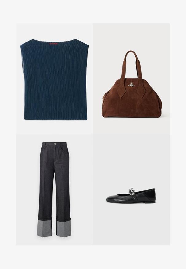 Top din material ribatat, de culoare albastru închis, cu decolteu larg și mâneci scurte. Croi drept cu margini finisate. Fără modele vizibile sau accesorii.; Pantaloni largi din denim închis, cu manșetă gri în contrast, prevăzuți cu închidere cu nasture și două buzunare frontale. Textură netedă și design ajustat.; Balerini din piele neagră, cu vârful ascuțit, având o curea cu o cataramă metalică circulară și o talpă plată.; Geantă din suede maro, cu o formă structurată, un corp rotund și mânere lungi în formă de diamant. Dispune de o închidere din metal argintiu.