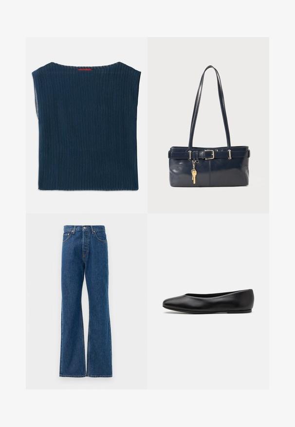 Tmavě modrý, hladký top z látky s žebrováním, širokým výstřihem a krátkými rukávy. Rovný střih s dokončenými okraji. Žádné viditelné vzory nebo kovové prvky.; Modré denimové zvonové džíny s vysokým pasem, které mají pět kapes, stříbrné zapínání na knoflík a viditelné švy.; Paul Smith TOPANGA - Klasické baleríny - black; Námořnická kožená kabelka s dvěma dlouhými uchy, detaily s přezkou a připevněným klíčenkou. Vyznačuje se hladkým povrchem a obdélníkovým tvarem.