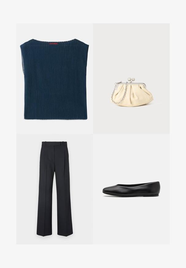 Dunkelblaues, geripptes Oberteil mit weitem Ausschnitt und kurzen Ärmeln. Gerader Schnitt mit bearbeiteten Kanten. Keine sichtbaren Muster oder Hardware.; Dunkelblaue Nadelstreifenhosen mit hoher Taille, weit geschnittenem Bein und ohne sichtbare Beschläge oder Verzierungen. Glatte Textur und taillierte Passform.; Paul Smith TOPANGA - Klassischer Ballerina - black; Faltige beigefarbene Ledertasche mit einem silbernen Metallrahmen, ausgestattet mit zwei runden dekorativen Verschlüssen und einem silbernen Kettenriemen.