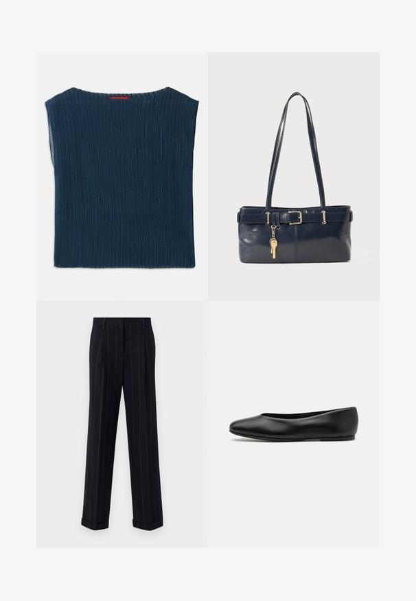 Top in tessuto ribbed blu scuro con scollatura ampia e maniche corte. Taglio dritto con bordi rifiniti. Senza motivi visibili né fissaggi.; Pantaloni neri a righe sottili con una vestibilità su misura, dotati di orlo con risvolto e pieghe frontali. Realizzati in un tessuto liscio con un design strutturato.; Paul Smith TOPANGA - Ballerine - black; Borsa a mano in pelle blu con due manici lunghi, un dettaglio con fibbia e un portachiavi attaccato. Presenta una texture liscia e una forma rettangolare.
