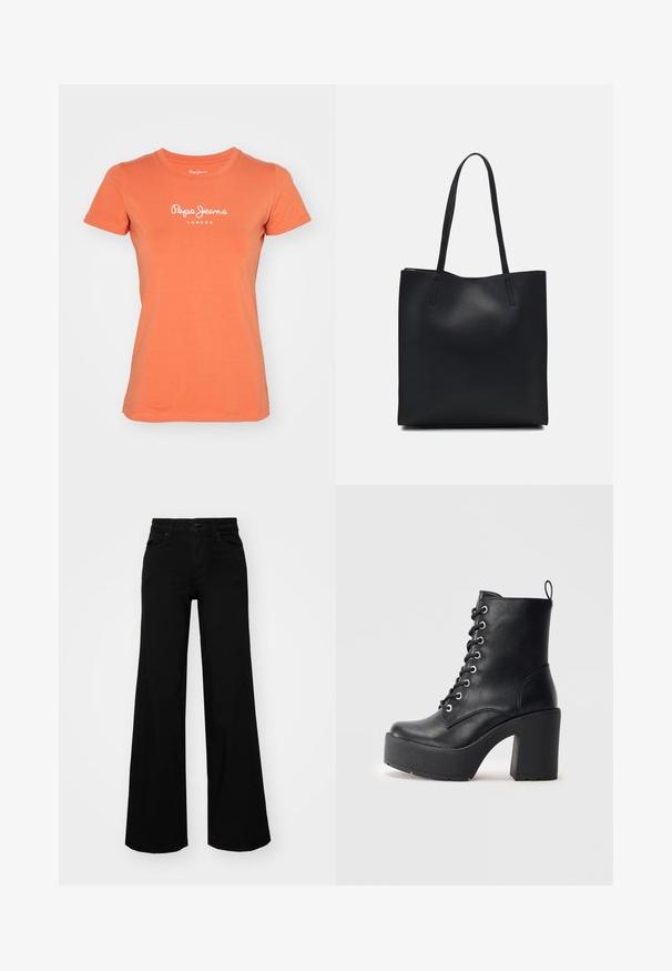 Pepe Jeans NEW VIRGINIA - T-shirt estampada - sunset orange; Calças largas pretas em denim, com uma cintura estruturada, passantes para cinto e bolsos frontais. Textura suave com um design clássico.; Botim de pele preta até ao tornozelo com um salto bloco chunky, frente com atacadores e superfície texturizada. Apresenta uma lingueta na parte de trás para um uso fácil.; Bolsa tote preta em couro com textura lisa, forma retangular e duas alças longas. Sem hardware ou enfeites visíveis.