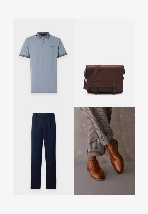 Gaiši zils kokvilnas polo krekls ar kontrastējošu kaklu, kuram ir tumši zilas akcenti, divu pogu aizdare un neliels logotips uz krūts.; Trīs garas piedurknes krekli: gaiši zils, balts un tumši zils. Visām ir klasiskā apkakle un pogu aizdare, izgatavoti no gludas auduma.; Jūras zila bikses, kas izgatavotas no gludas auduma, ar vienu pogu aizdari, bārkstīm un taisnajām kājām. Minimalistisks dizains bez izteiktām rakstu. ; Brūni ādas apavi ar noapaļu purngali, piecu acs aizdare ar šņorēm un kontrastējošām tumšām šņorēm. Bikses ir ruļļotas un ar rūtainu rakstu.; Brūns ādas sūtījumu soma ar plakanu priekšējo atloku, divām siksnām, zelta metāla detaļām un regulējamu plecu siksnu.