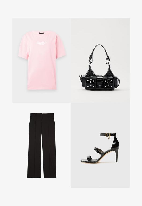 Pink cotton t-shirt with short sleeves, featuring the text "DSQUARED2 MILANO" in white block letters on the front. Crew neck design.; Black tailored trousers made of a smooth fabric, featuring a straight-leg design, and two side pockets. Elegant and minimalistic construction.; Black patent leather sandal with three straps, ankle buckle, and 4-inch stiletto heel. Features gold hardware detail and logo charm.; Black leather handbag with a curved design, featuring silver studs, a buckle, and two side pockets. Adjustable strap for carrying options.
