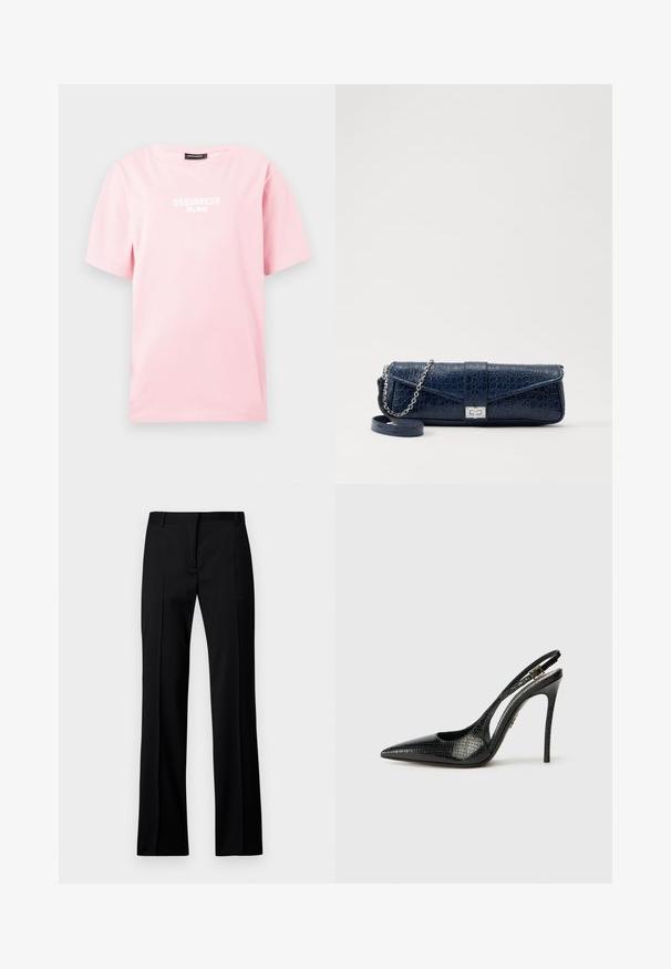 Vaaleanpunainen lyhythihainen puuvillainen t-paita, jossa edessä valkoisin lohkokirjaimin teksti "DSQUARED2 MILANO". Pyöreä kaulus.; Mustat suorat housut sileästä kankaasta, jossa on litteät etuosat, vyölenkit ja ei näkyviä taskuja tai koristeita.; Musta slingback-korkokenkä, jossa on terävä kärki, teksturoitu käärmeennahkakuosi, stilettokorko ja koristeellinen solki hihnassa.; Navy sininen nahkakukkarokotelo, jossa on krokotiilinumero, hopeaketjuolkapanta ja metallilukko. Suorakulmainen muoto taitettavalla designilla.