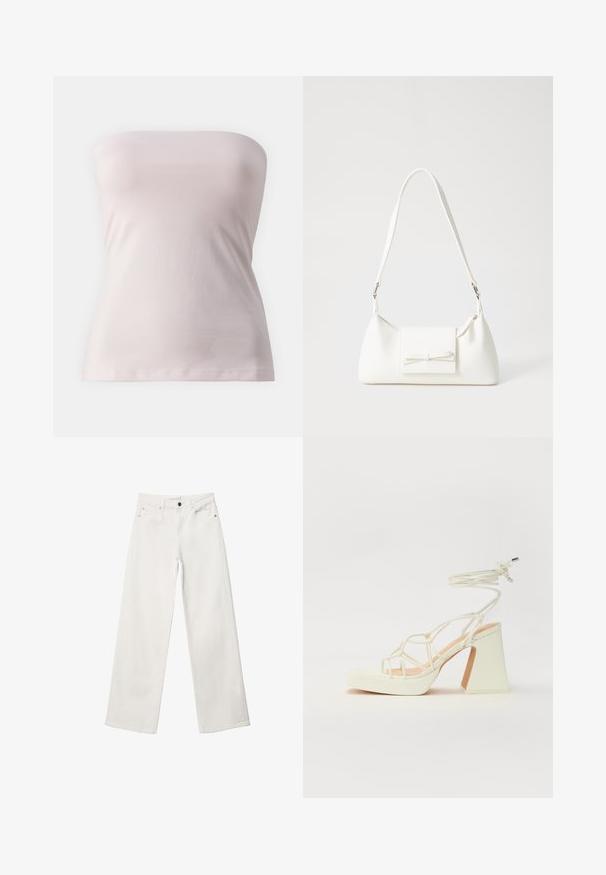 Top bez ramienok vyrobený z jemného svetloružového materiálu, priliehavý strih s hladkou textúrou a jednoduchou siluetou, s priamym strihom na spodnom okraji.; Biele široké džínsy vyrobené z denimu, s vysokým pásom, dizajnom s piatimi vreckami a kovovým zapínaním. Hladká textura, bez vzorov.; Biele sandále na vysokom opätku s hrubým podpätkom, s pruhovaným dizajnom a viazaním na členku. Hladký povrch s platformou vpredu pre zvýšenú výšku.; Biela syntetická kabelka s trojuholníkovým tvarom, plochým predným klapkou a detailom mašle, nastaviteľným popruhom, hladkou textúrou a minimalistickým dizajnom.